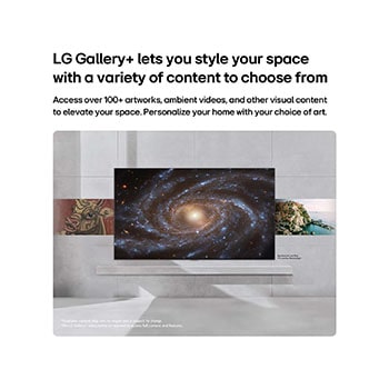 LG Gallery TV AI with frame LX7 ART TV with LG Gallery+ displays the spiral galaxy artwork “Big, Beautiful and Blue” provided by WindowSight on screen, offering curated art that personalizes the space with a gallery-like presence.